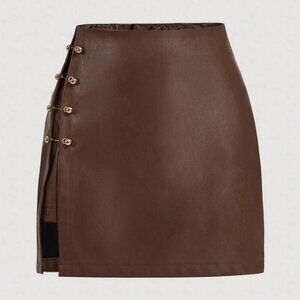 Brown Casual Women's Side Slit Metallic Trim Faux Leather A-Line skirt
